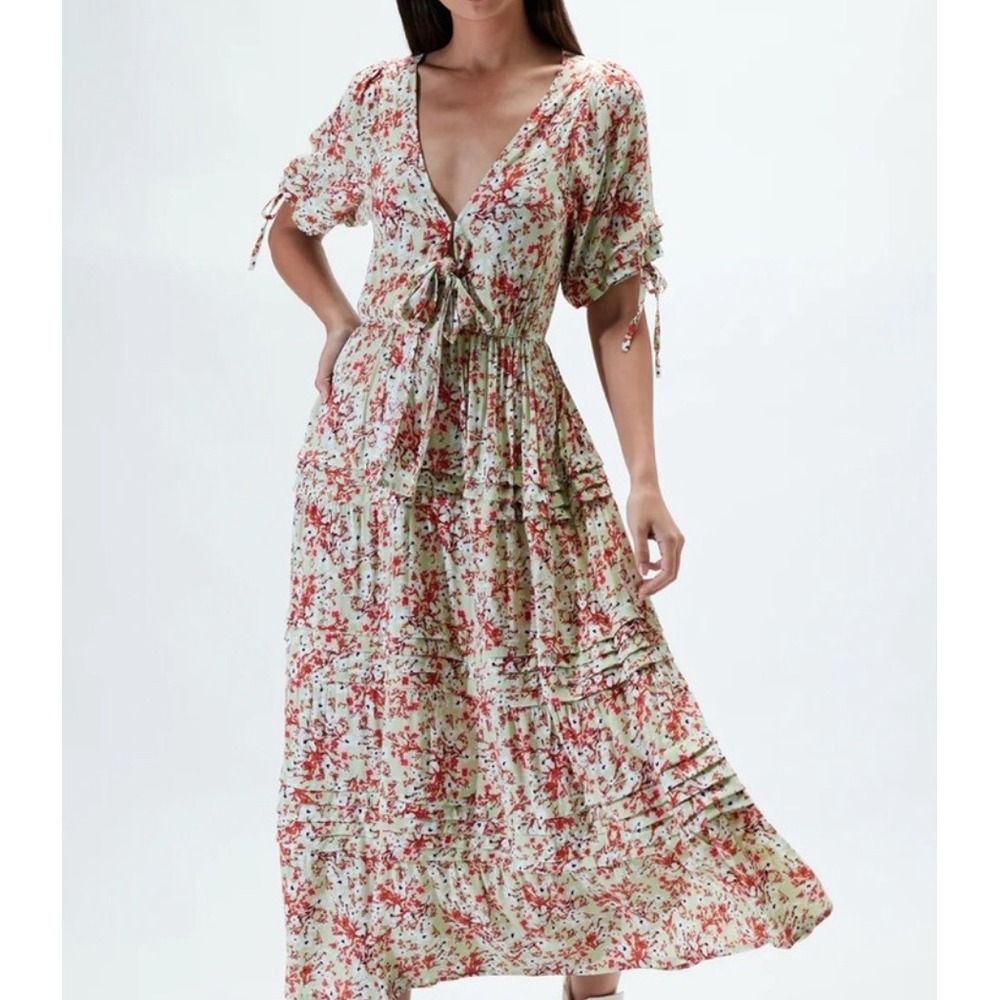 Rue Stiic Floral Print Maxi Dress Tie‎ Front Open Back Bohemian Women's